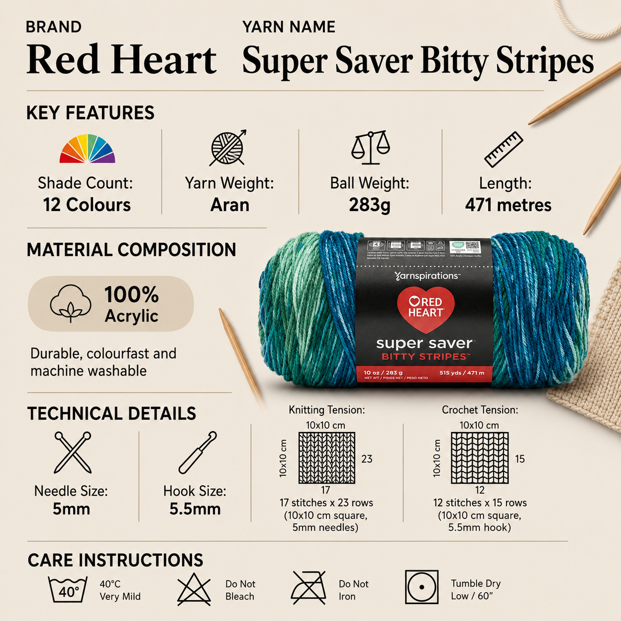Red Heart Super Saver Bitty Stripes Yarn - 283g, 100% Acrylic Rainbow Blurry-Stripe Knitting Wool for Crochet Blankets, Accessories & Garments