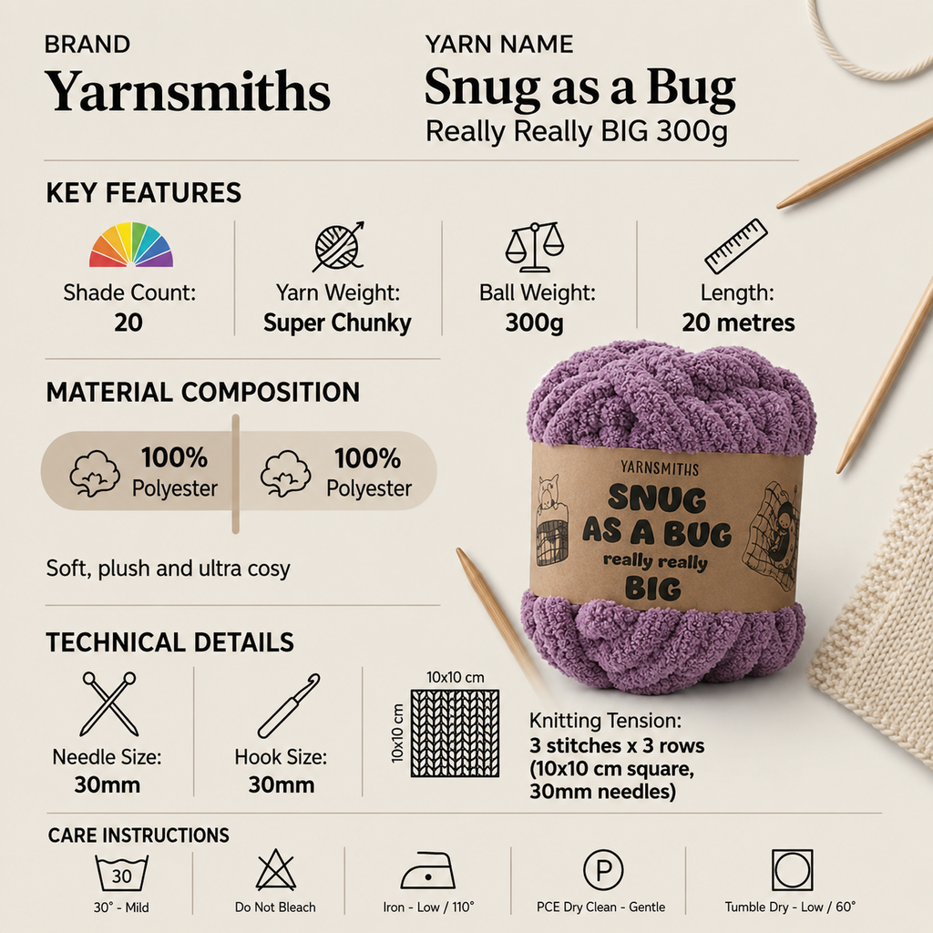 Yarnsmiths Snug as a Bug Really Really BIG Super Chunky Yarn - 300g, 100% Polyester Thick Chenille Fluffy Soft Crochet Knitting Wool for Cozy Blankets, Plushies & Rugs