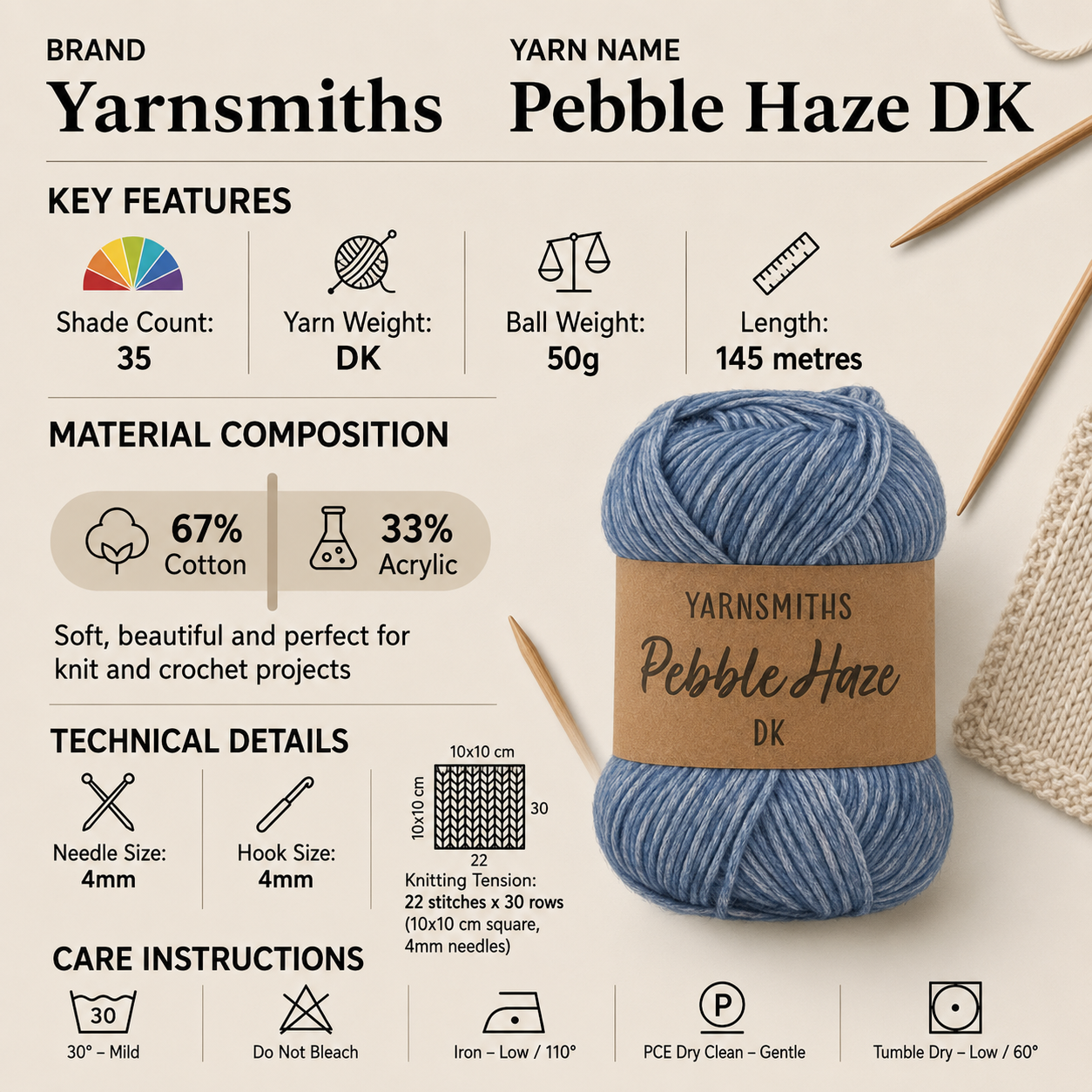 Yarnsmiths Pebble Haze DK Yarn - 50g, Cotton Acrylic Blend Stonewashed Soft Lightweight Knitting & Crochet Yarn for Blankets, Cardigans & Headwear