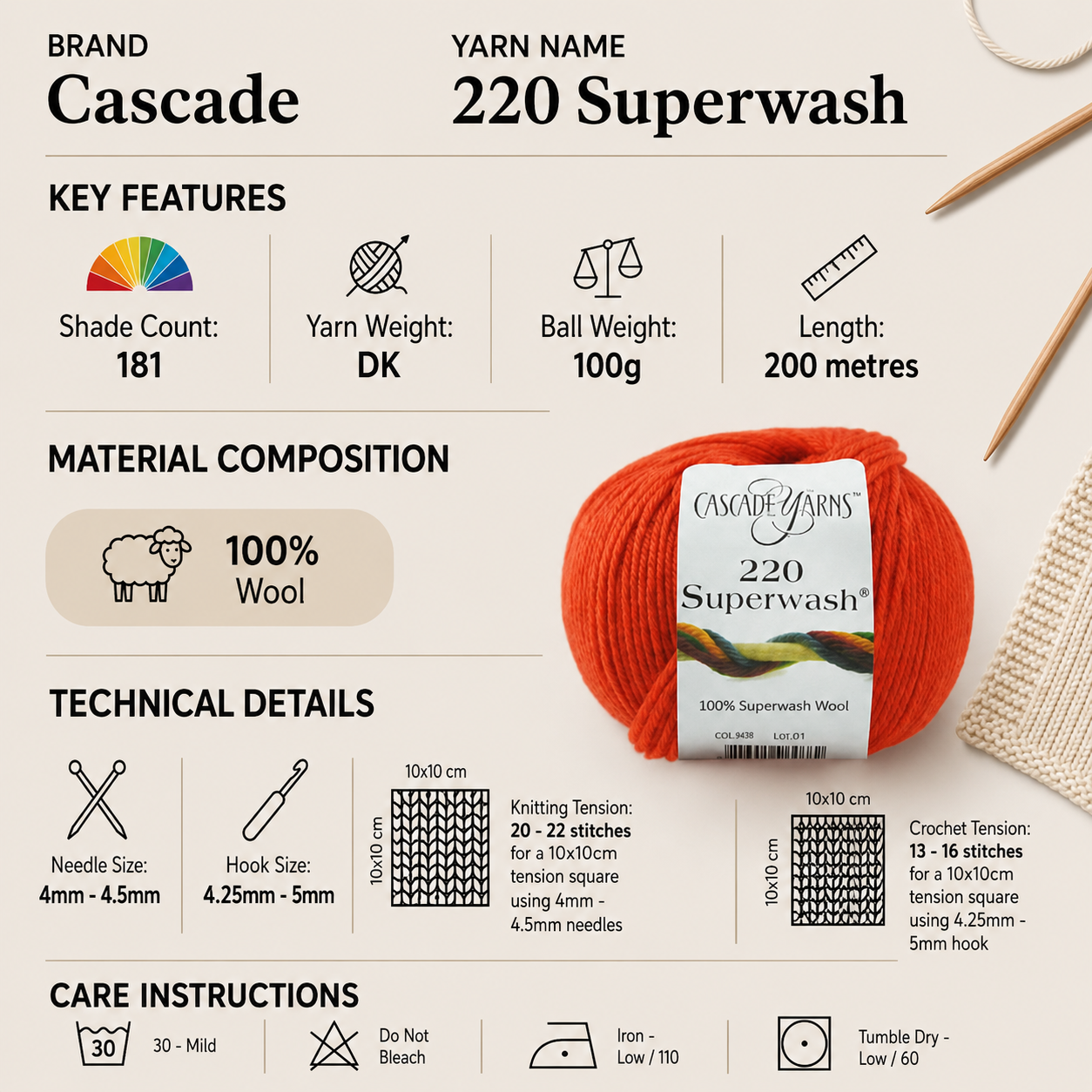 Cascade 220 Superwash DK Yarn - 100g, 100% Superwash Wool Easy-To-Work Double Knitting Yarn for Toys, Blankets & Everyday Accessories