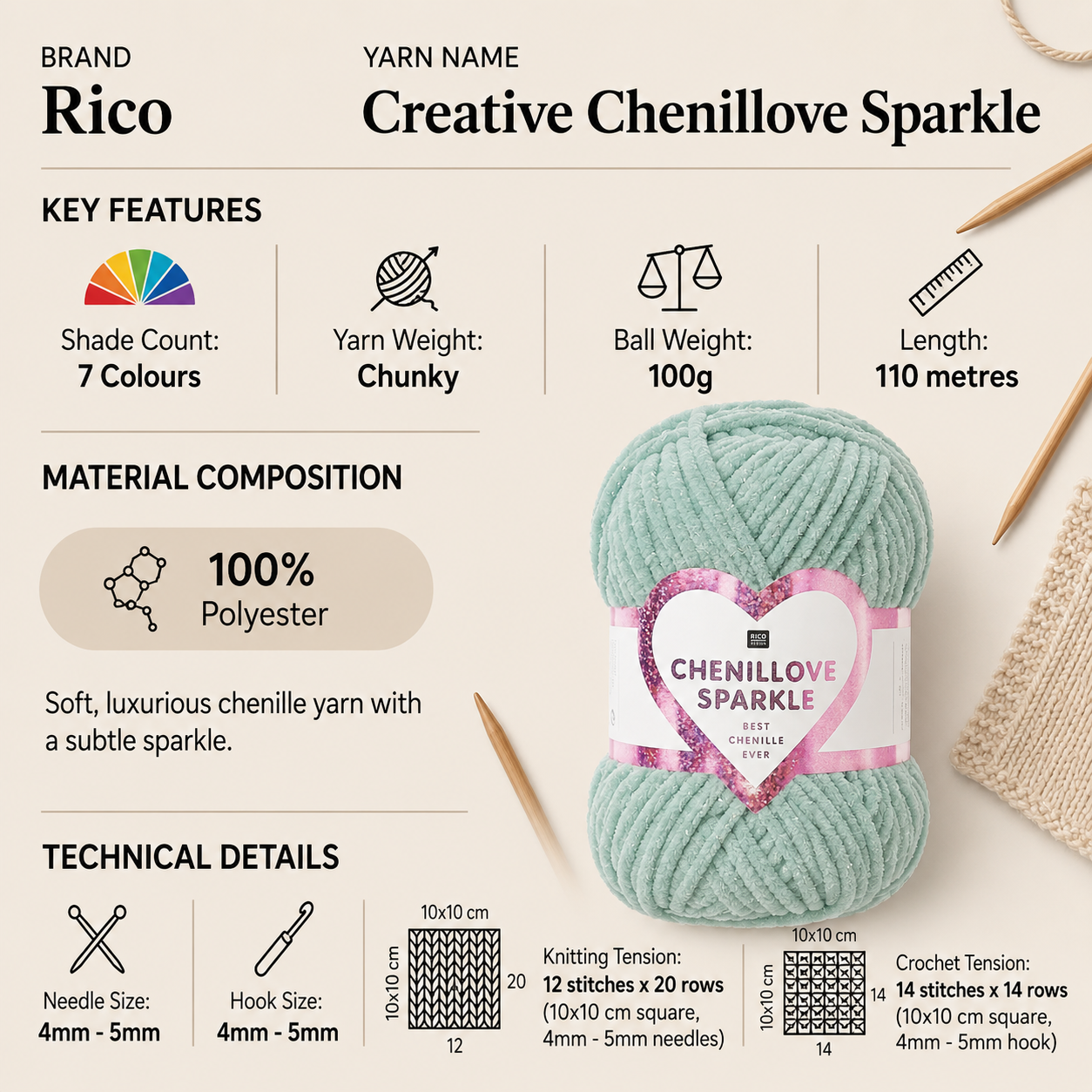 Rico Creative Chenillove Sparkle Chunky Yarn - 100G, Luxury 100% Polyester Twinkling Glitter Chenille Bulky Crochet Knitting Wool for Baby Garments, Blankets & Toys