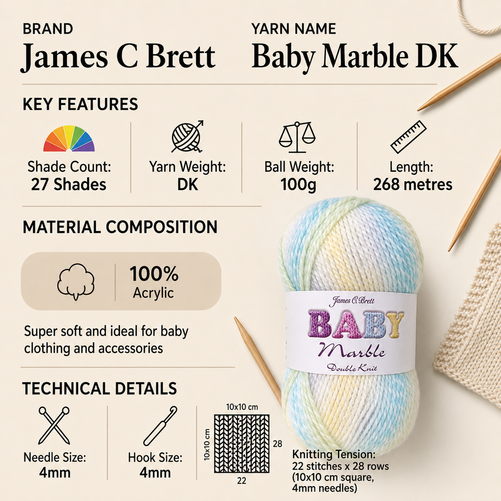James C Brett Baby Marble DK Yarn - 100g, Soft 100% Acrylic Crochet Double Knitting Baby Wool for Blanket, Cardigans, Jumpers & Sweaters
