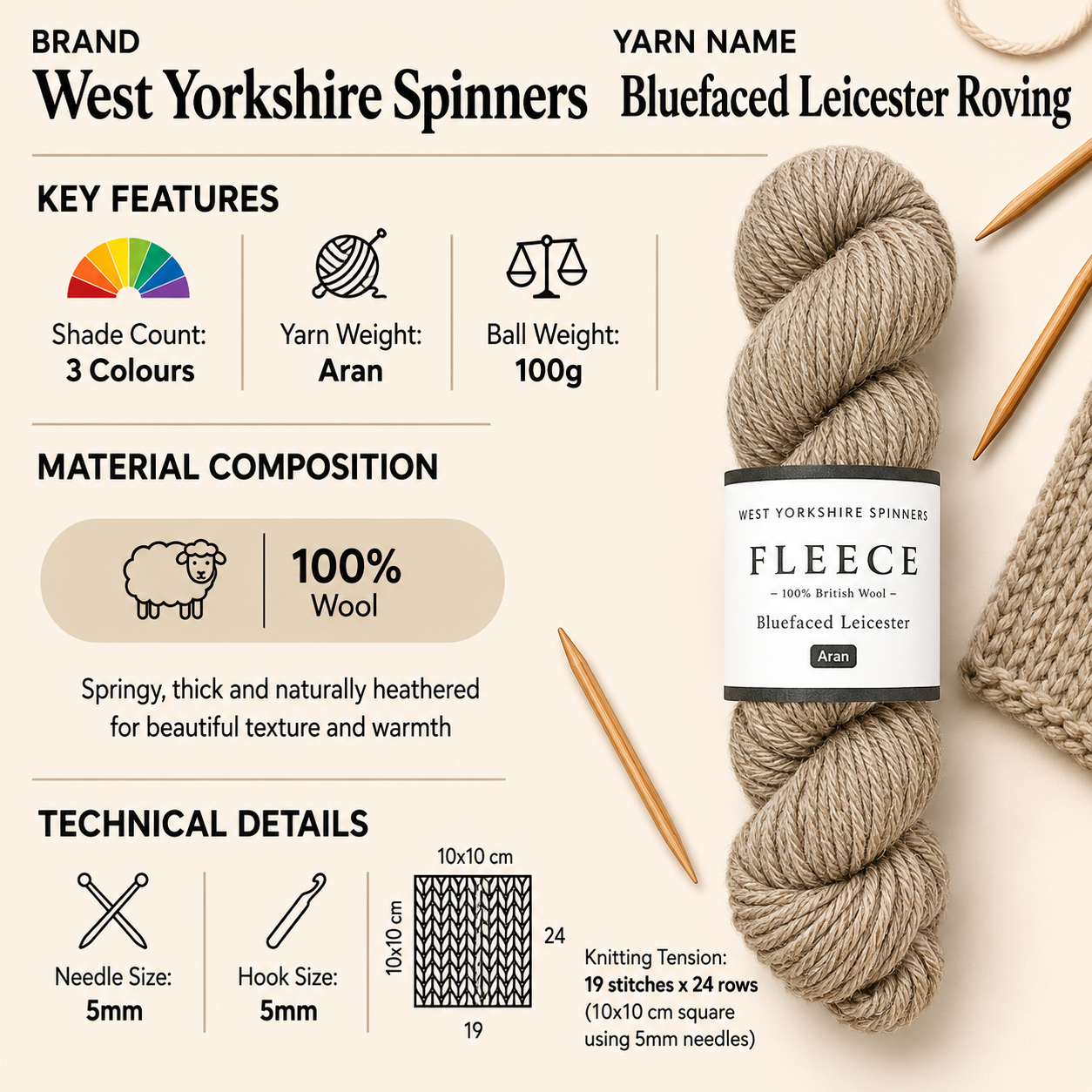 West Yorkshire Spinners Bluefaced Leicester Roving Aran - 100g, Luxury 100% British Wool Undyed Single Ply Crochet Knitting Felting Wool for Blankets & Garments