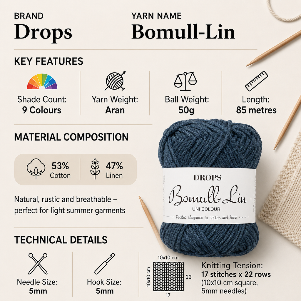 Drops Bomull-Lin Aran Yarn for Crochet - 50g, Cotton & Linen Blend Lightweight Rustic Matte Finish Soft Knitting Wool for Summer Garments, Tunics & Accessories