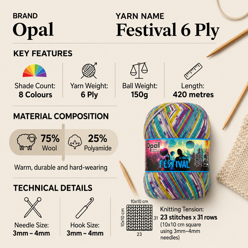 Opal Festival 6 Ply Crochet Sock Yarn - 150g, Wool & Polyamide Blend Lightweight Self-Patterning Knitting Wool for Socks, Scarves & Cosy Accessories