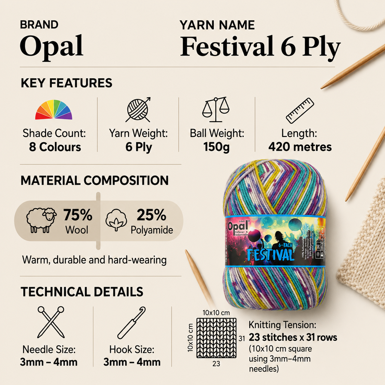 Opal Festival 6 Ply Crochet Sock Yarn - 150g, Wool & Polyamide Blend Lightweight Self-Patterning Knitting Wool for Socks, Scarves & Cosy Accessories