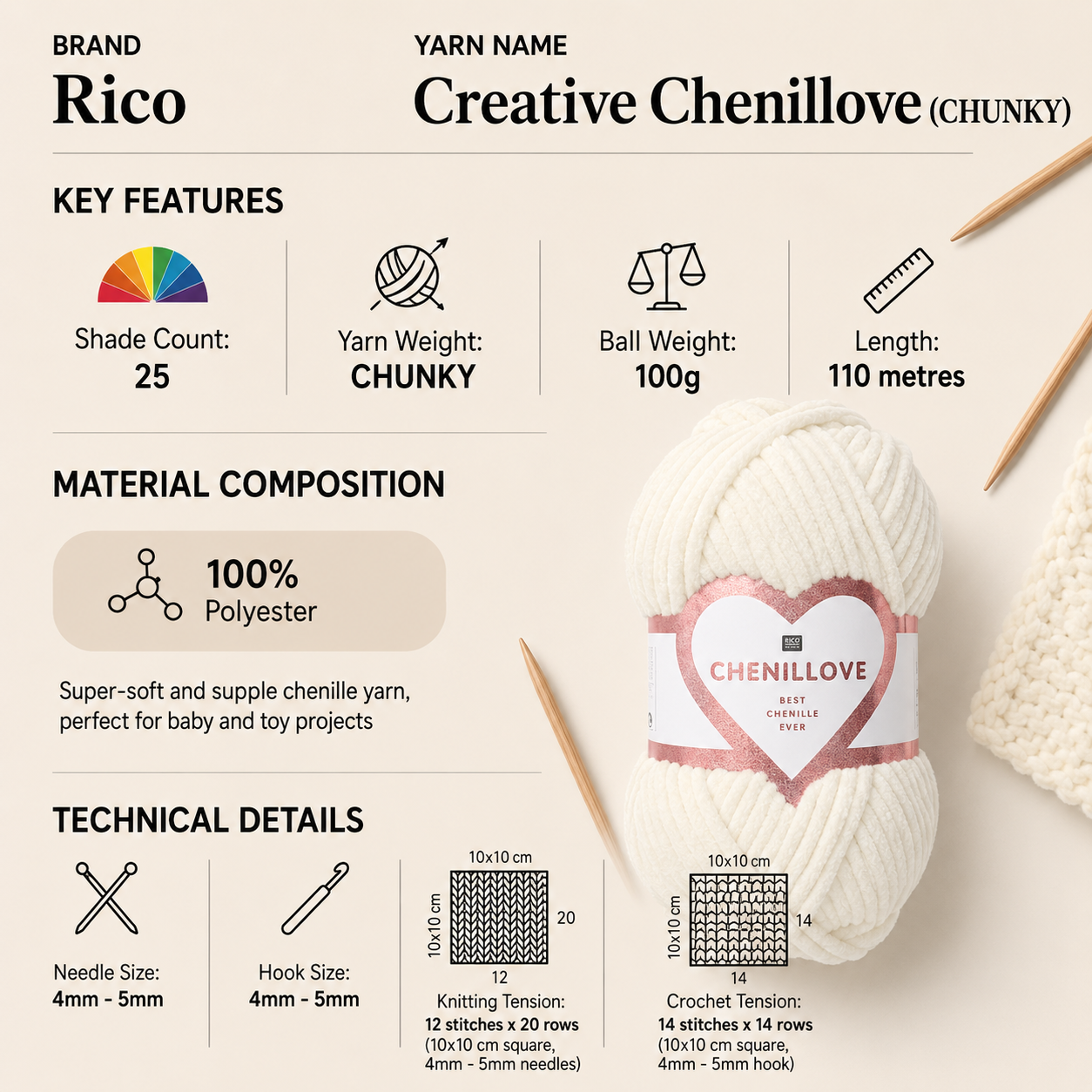 Rico Creative Chenillove Chunky Yarn - 100G, Luxury 100% Polyester Velvety Super-Soft Chenille Knitting & Crochet Yarn for Cozy Baby Garments & Toy