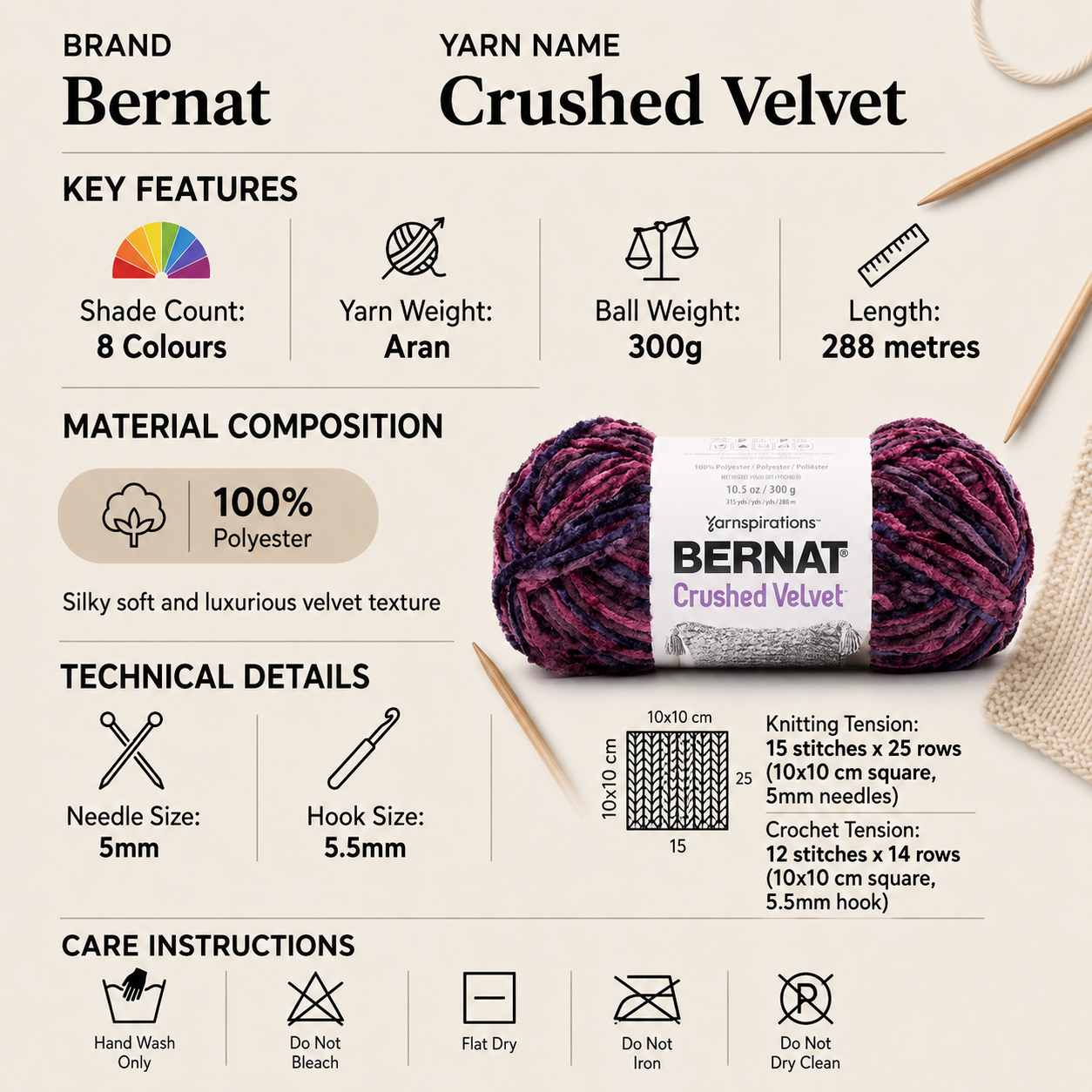 Bernat Crushed Velvet Aran Yarn - 300G, Luxury 100% Polyester Soft Chenille Thick Jumbo Knitting & Crochet Yarn for Cushions, Blankets & Winter Accessories
