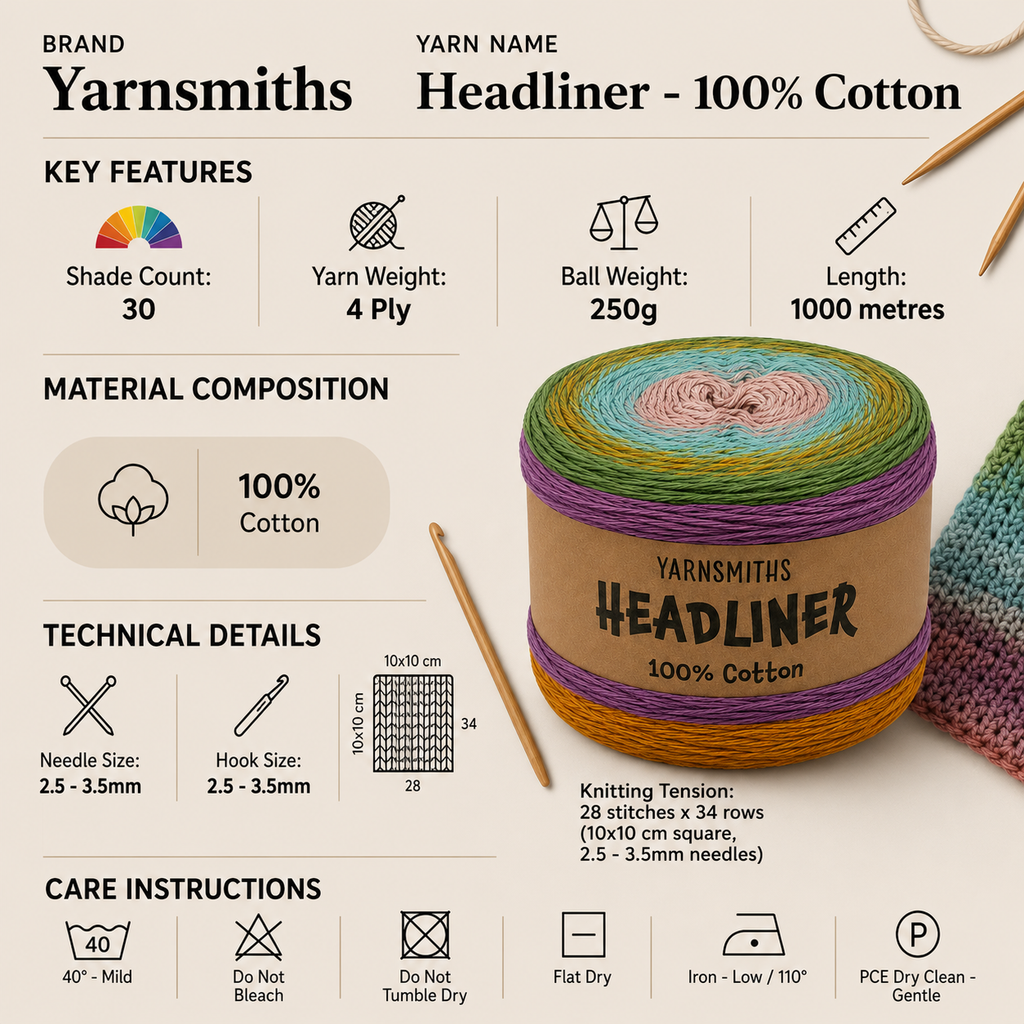 Yarnsmiths Headliner 4 Ply Yarn Cake - 250g, 100% Natural Cotton Soft Twisted Gradient Crochet & Knitting Wool for Summer Shawls, Wraps & Tops