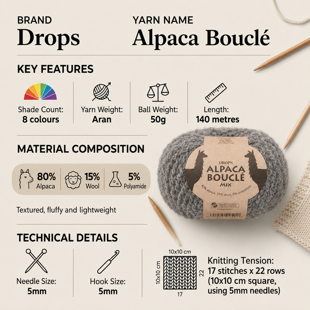 Drops Alpaca Boucle Aran Crochet Yarn - 50g, Luxury Alpaca, Wool & Polyamide Blend Lightweight Knitting Wool Yarn for Garments, Scarves & Accessories