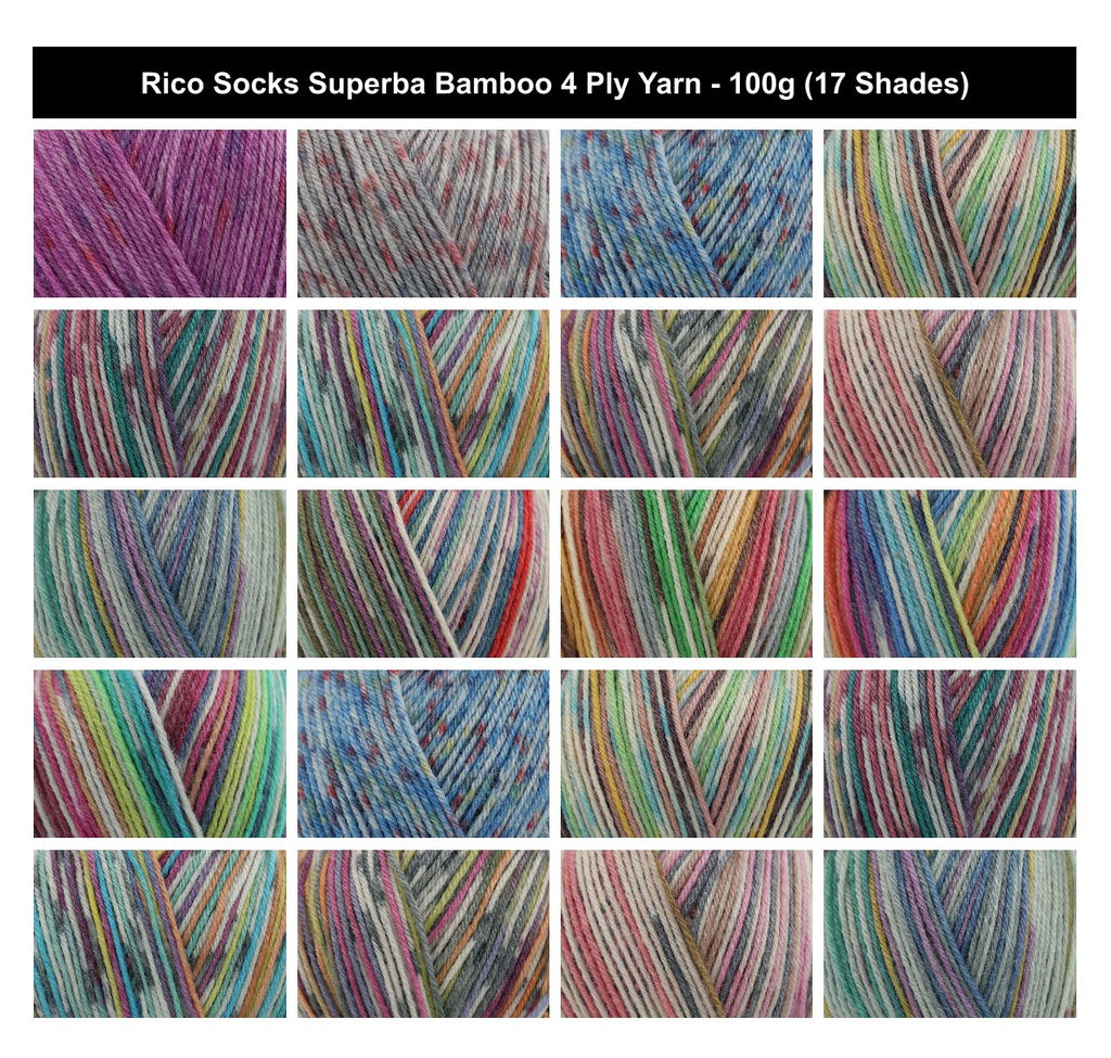 Rico Socks Superba Bamboo 4 Ply Yarn - 100G, Wool Viscose Polyamide Blend Self-Patterning Soft Crochet Sock Knitting Wool for Socks, Shawls, Mitts & Gloves