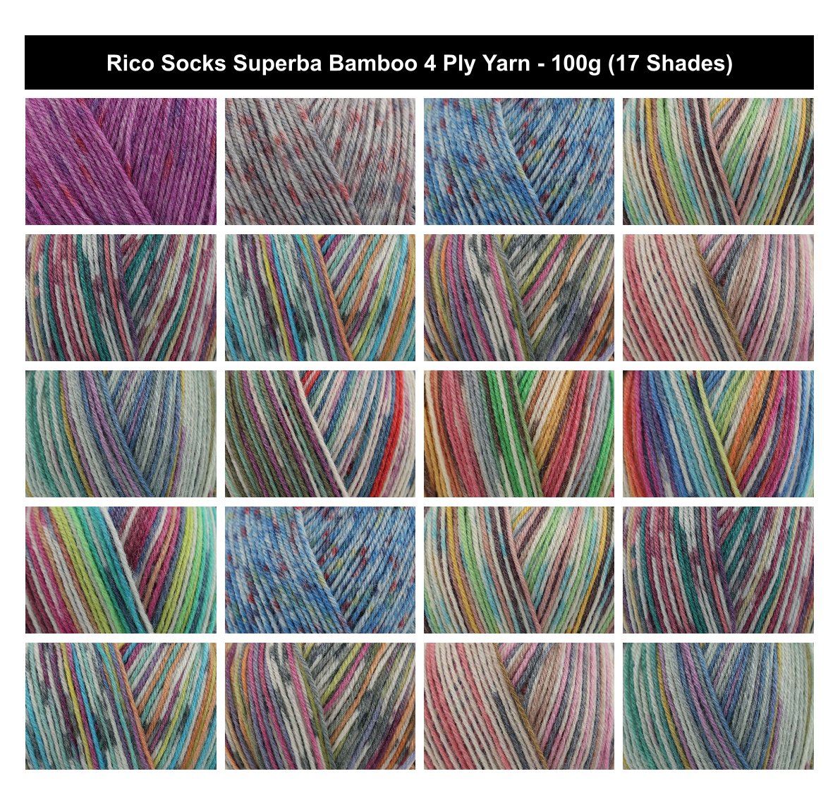 Rico Socks Superba Bamboo 4 Ply Yarn - 100G, Wool Viscose Polyamide Blend Self-Patterning Soft Crochet Sock Knitting Wool for Socks, Shawls, Mitts & Gloves