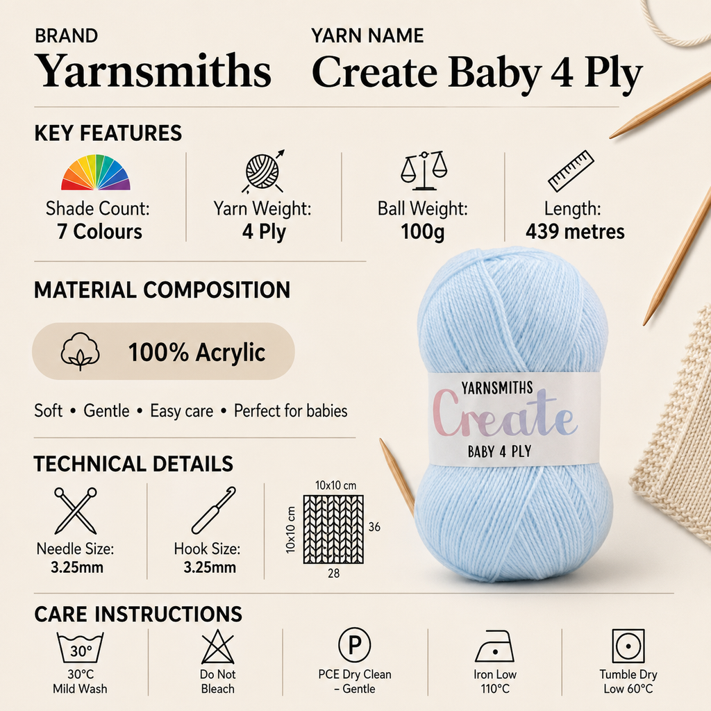 Yarnsmiths Create Baby 4 Ply Yarn - 100g, 100% Acrylic Soft Lightweight Pastel Shades Crochet Knitting Wool for Baby Blankets, Clothes & Toys