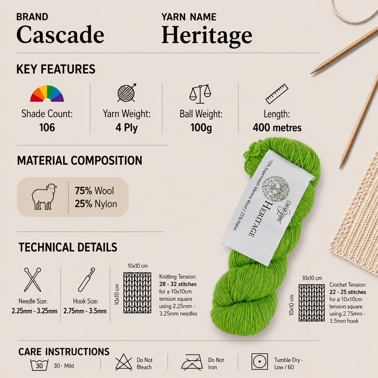 Cascade Heritage 4 Ply Crochet Yarn - 100g, Luxury Merino Wool & Nylon Blend Soft Sock Knitting Wool for Garments, Socks, Shawls & Accessories