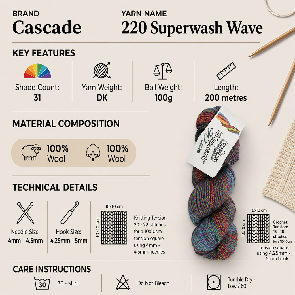 Cascade 220 Superwash Wave DK Yarn - 100g, 100% Superwash Wool Variegated Double Knitting & Crochet Yarn for Sweaters, Scarves & Accessories