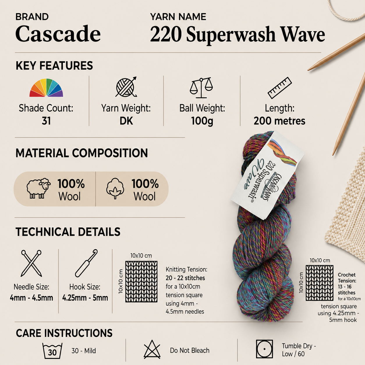 Cascade 220 Superwash Wave DK Yarn - 100g, 100% Superwash Wool Variegated Double Knitting & Crochet Yarn for Sweaters, Scarves & Accessories