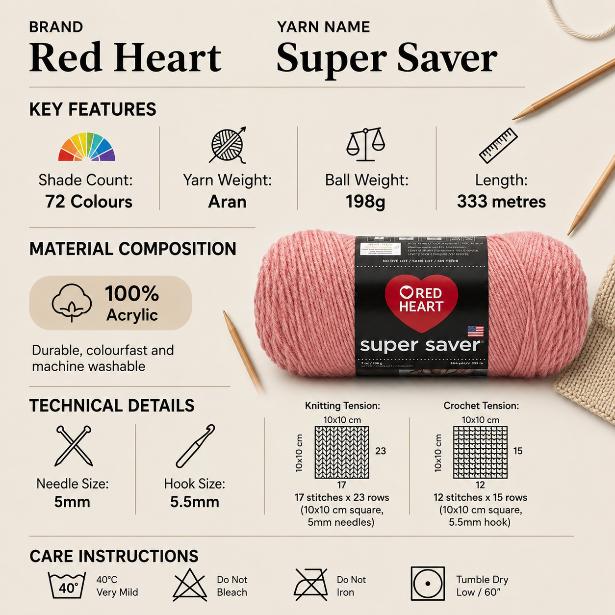 Red Heart Super Saver Aran Crochet Yarn - 198g, 100% Acrylic Self-Striping Everyday Knitting Wool for Colourful Blankets, Garments & Accessories