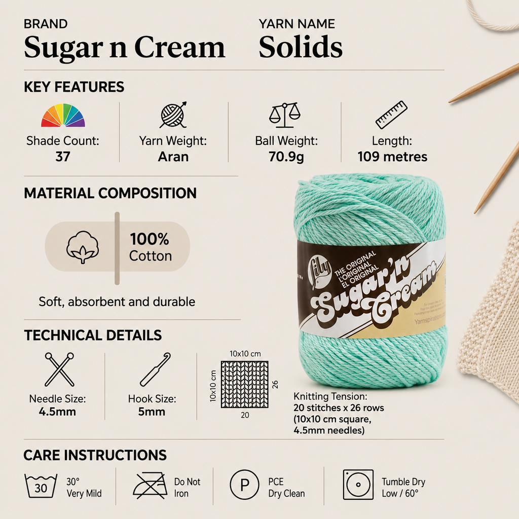 Sugar N Cream Solids Crochet Yarn - 70.9g, 100% Cotton Soft Worsted Everyday Knitting Wool for Dishcloths, Kitchen Accessories, Bags, Blankets & Home Décor