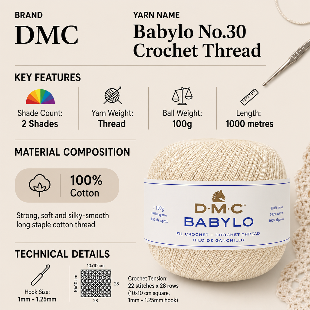 DMC Babylo No.30 Crochet Thread - 100g, 100% Mercerised Cotton Knitting Yarn for Lacework, Doilies & Fine Detail Crafting