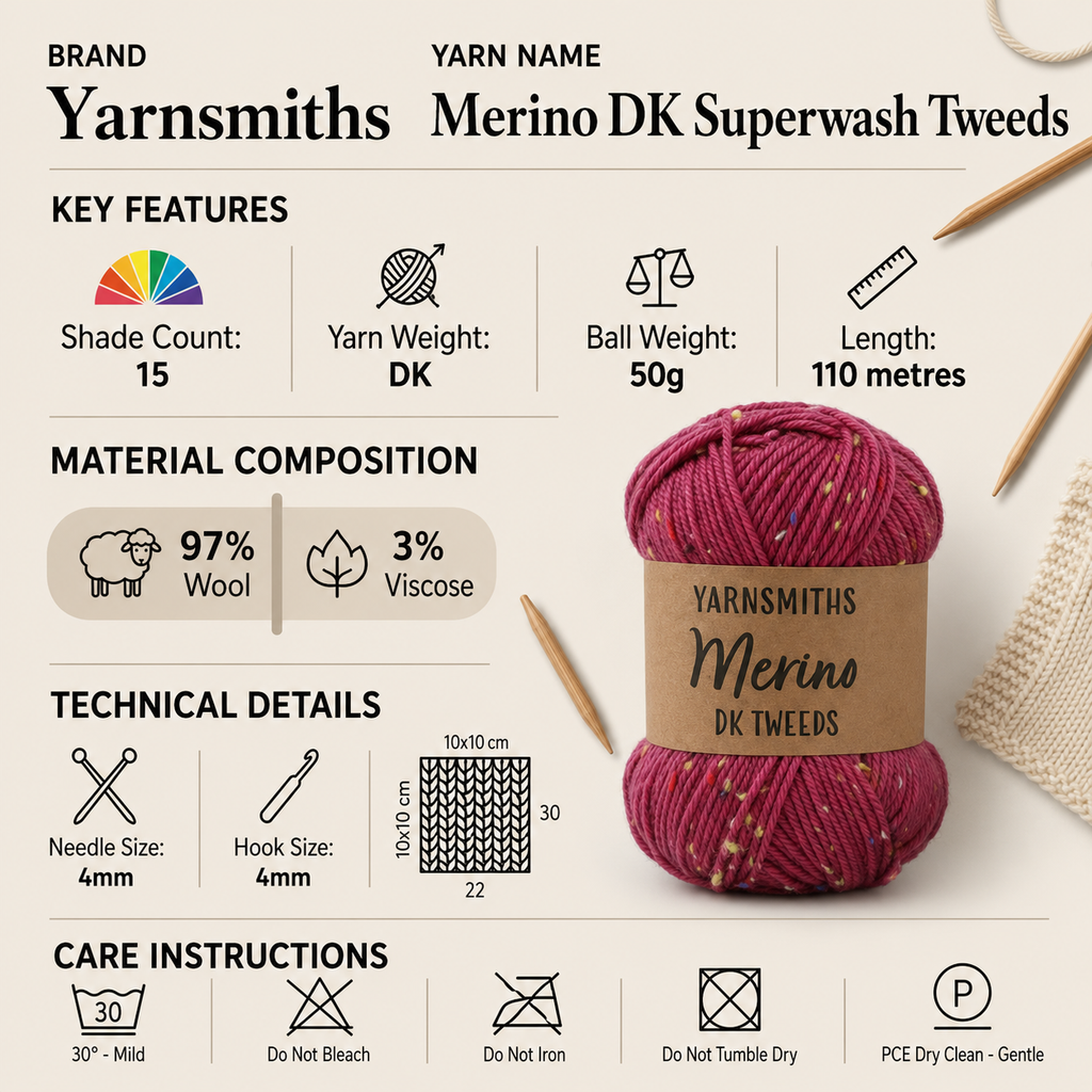 Yarnsmith Merino DK Superwash Tweeds Yarn - 50g, Luxury Wool Viscose Mix Soft Lightweight Double Knitting Crochet Yarn with Tweed Nepps for Baby Garments