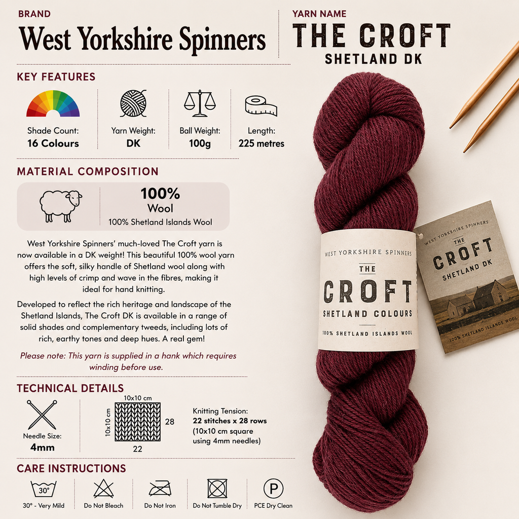 West Yorkshire Spinners The Croft Shetland Double Knit Yarn - 100g, Luxury 100% Wool Soft Lightweight Hand Knitting Crochet Yarn for Cardigans, Jumpers & Sweaters