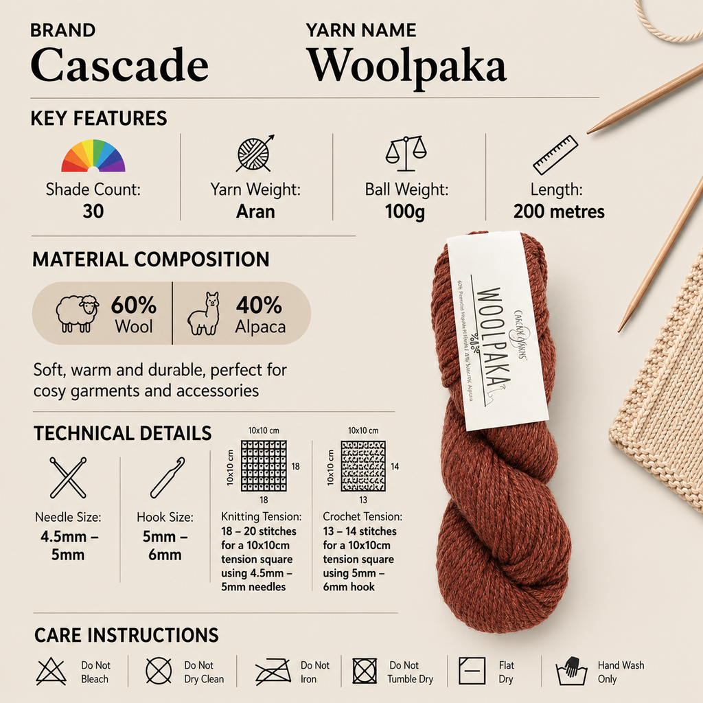 Cascade Woolpaka Aran Crochet Yarn - 100g, Luxury Alpaca & Peruvian Highland Wool Blend Durable Knitting Wool for Garments, Blankets, & Cosy Accessories