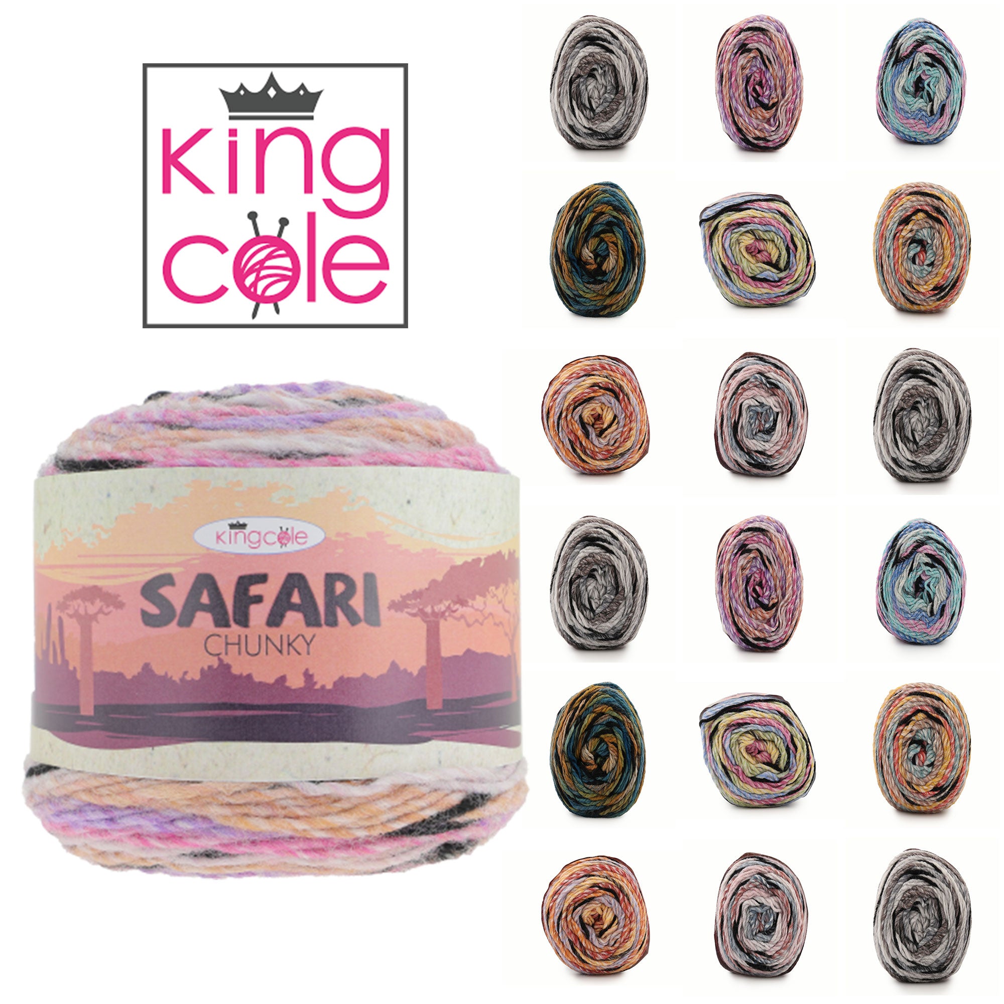 King Cole Safari Chunky Yarn 100% Acrylic 285m Variegated Multicolour Chunky Knit & Crochet Yarn for Scarves & Garments - 150g