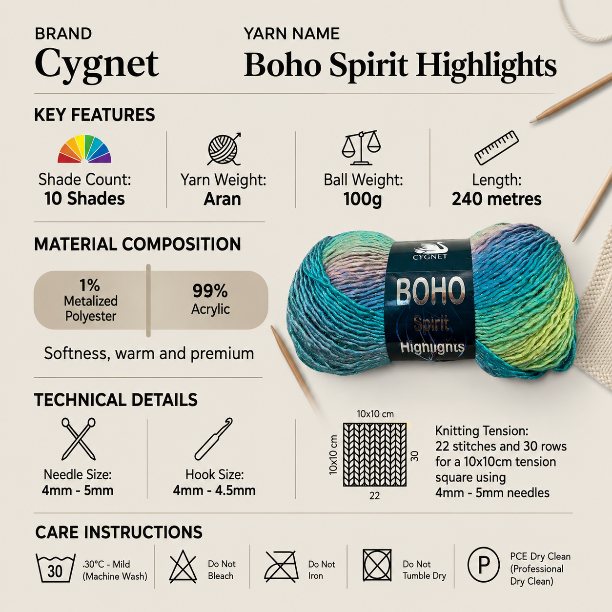 Cygnet Boho Spirit Highlights Aran Yarn - 100g, 100% Acrylic Self-Striping Metallic Knitting & Crochet Yarn for clothing & Accessories