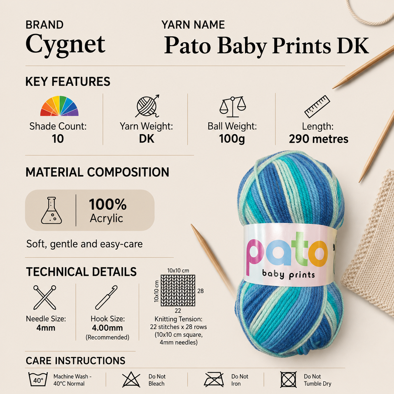 Cygnet Pato Baby Prints DK Yarn - 100g, 100% Acrylic Striped Pastel Shades Double Knitting Yarn for Baby & Toddler Garments, Accessories & Crafting
