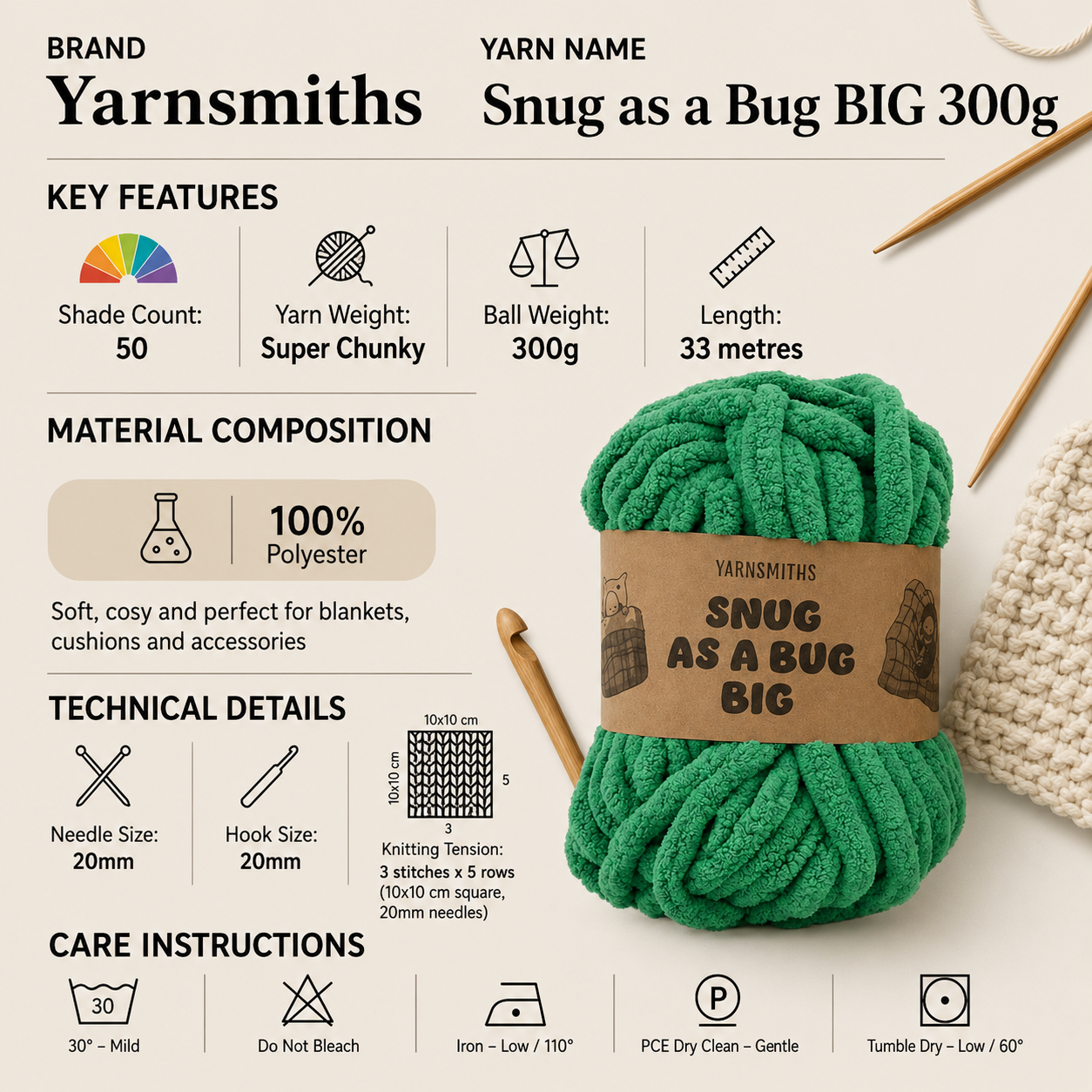 Yarnsmiths Snug As A Bug BIG Super Chunky Yarn - 300g, 100% Polyester Plush Chenille Jumbo Thick Crochet & Knitting Wool for Blankets & Rugs