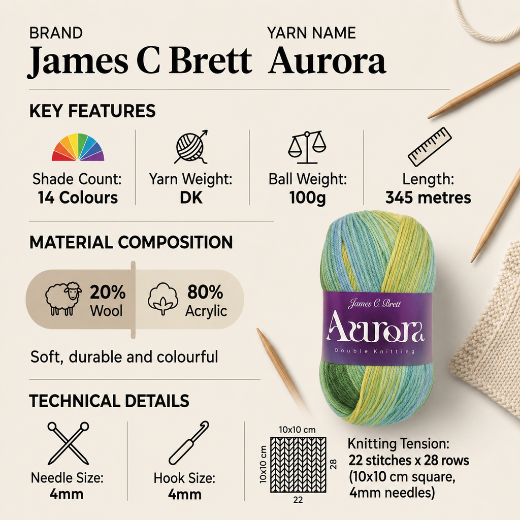 James C Brett Aurora DK Crocht Yarn - 100g, Acrylic & Wool Blend Ombre Double Knitting Wool Yarn for Cardigans, Jumpers, Sweaters & Accessories