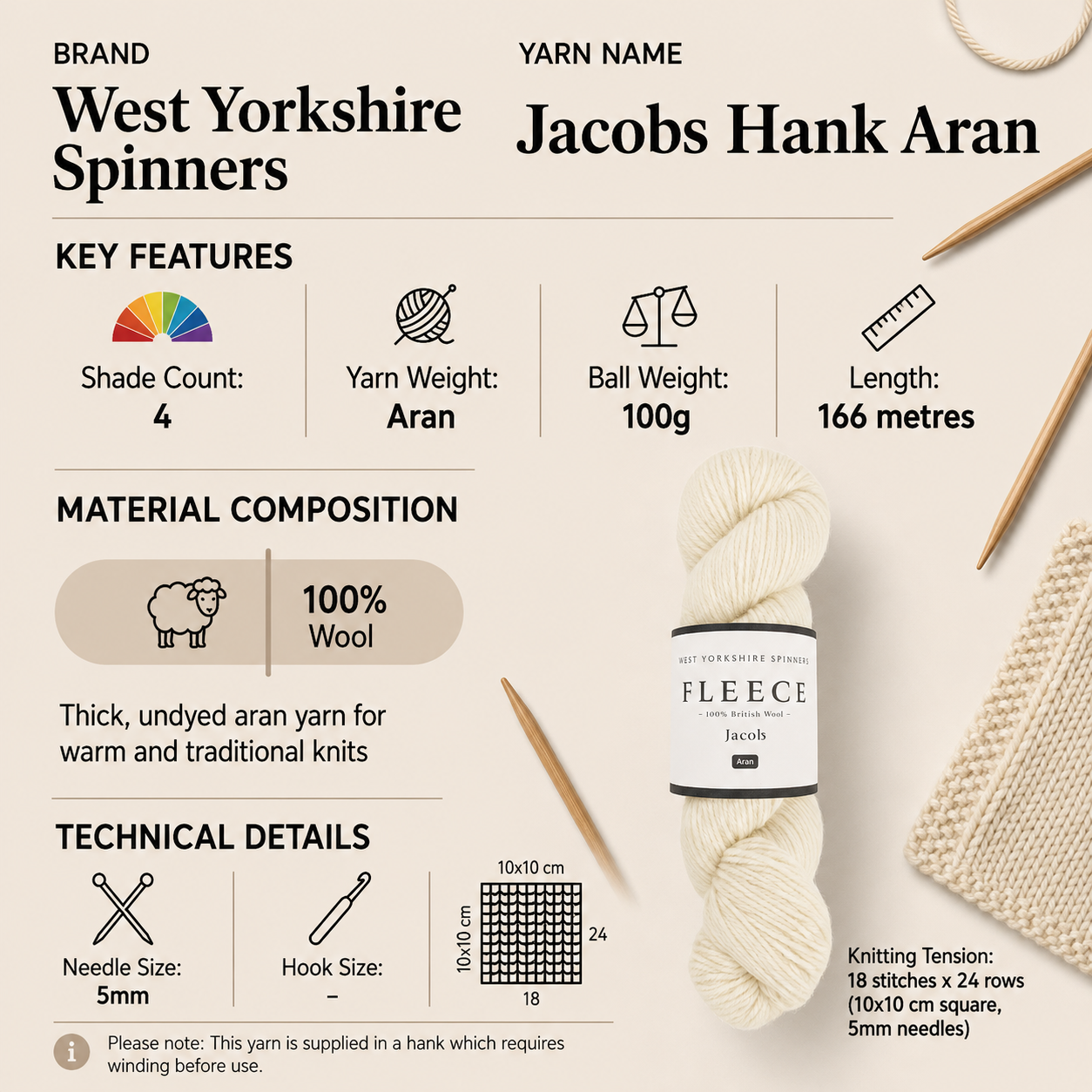 West Yorkshire Spinners Fleece Jacobs Hank Aran Yarn - 100g, Luxury 100% British Wool Undyed Soft Knitting & Crochet Yarn for Blankets, Cushions & Cardigans