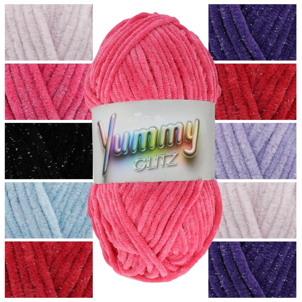 King Cole Yummy Glitz Chunky Chenille Yarn, Sparkle Knitting & Crochet Wool Polyester Glitter Plush Colours for Garments - 100g
