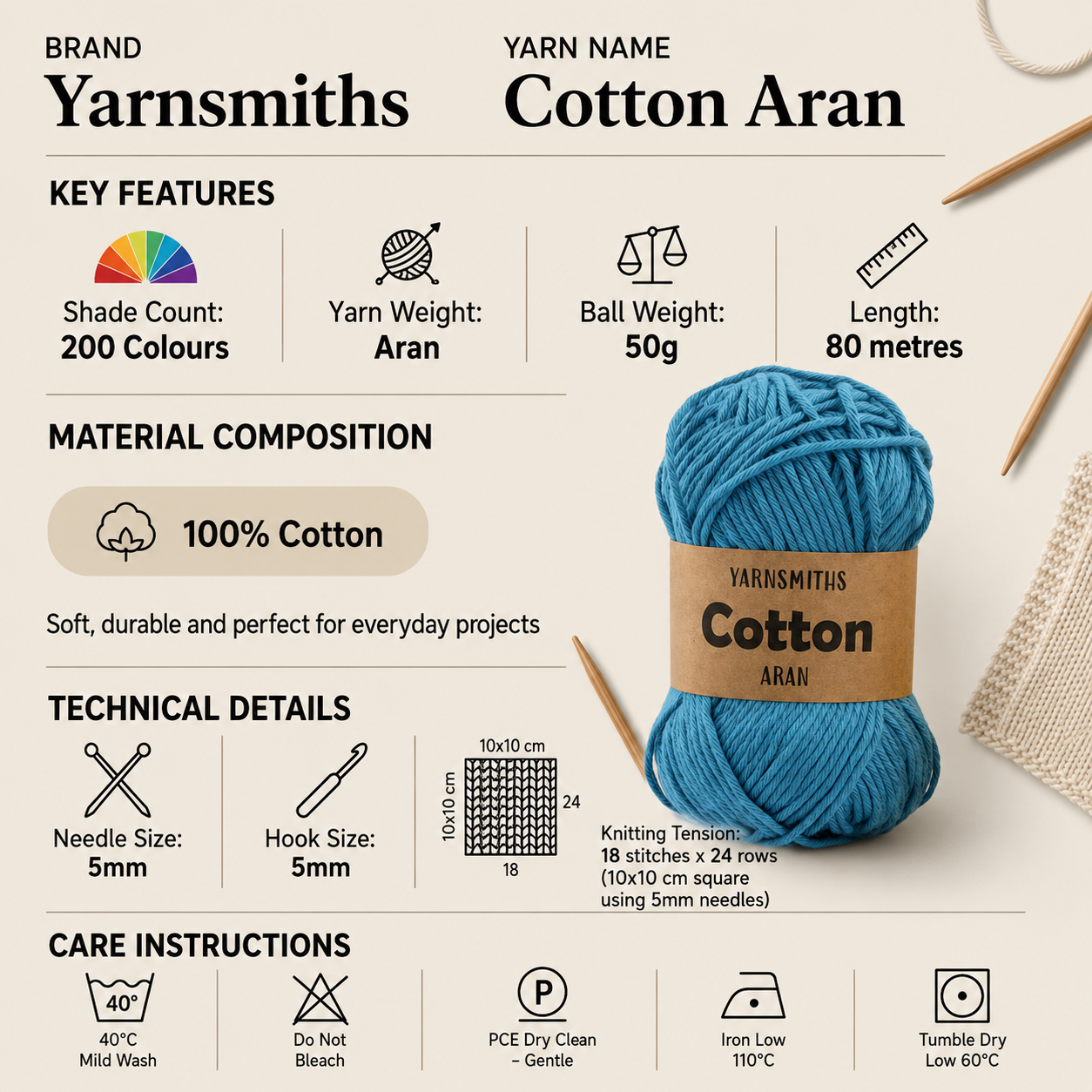Yarnsmiths Cotton Aran Yarn for Crochet - 50g, 100% Cotton Anti-Split Soft Knitting Wool Yarn with Matte Finish for Toys & Homewares