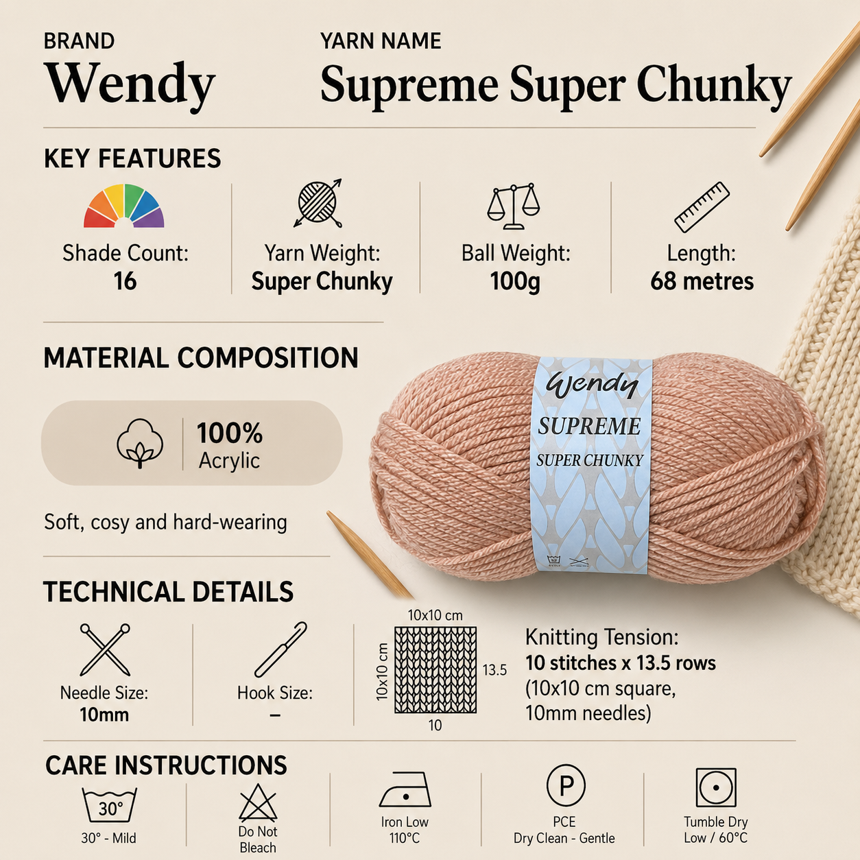 Wendy Supreme Super Chunky Yarn - 100g, Luxury 100% Acrylic Bulky Weight Soft Thick Crochet Knitting Wool for Winter Accessories & Cozy Homewares