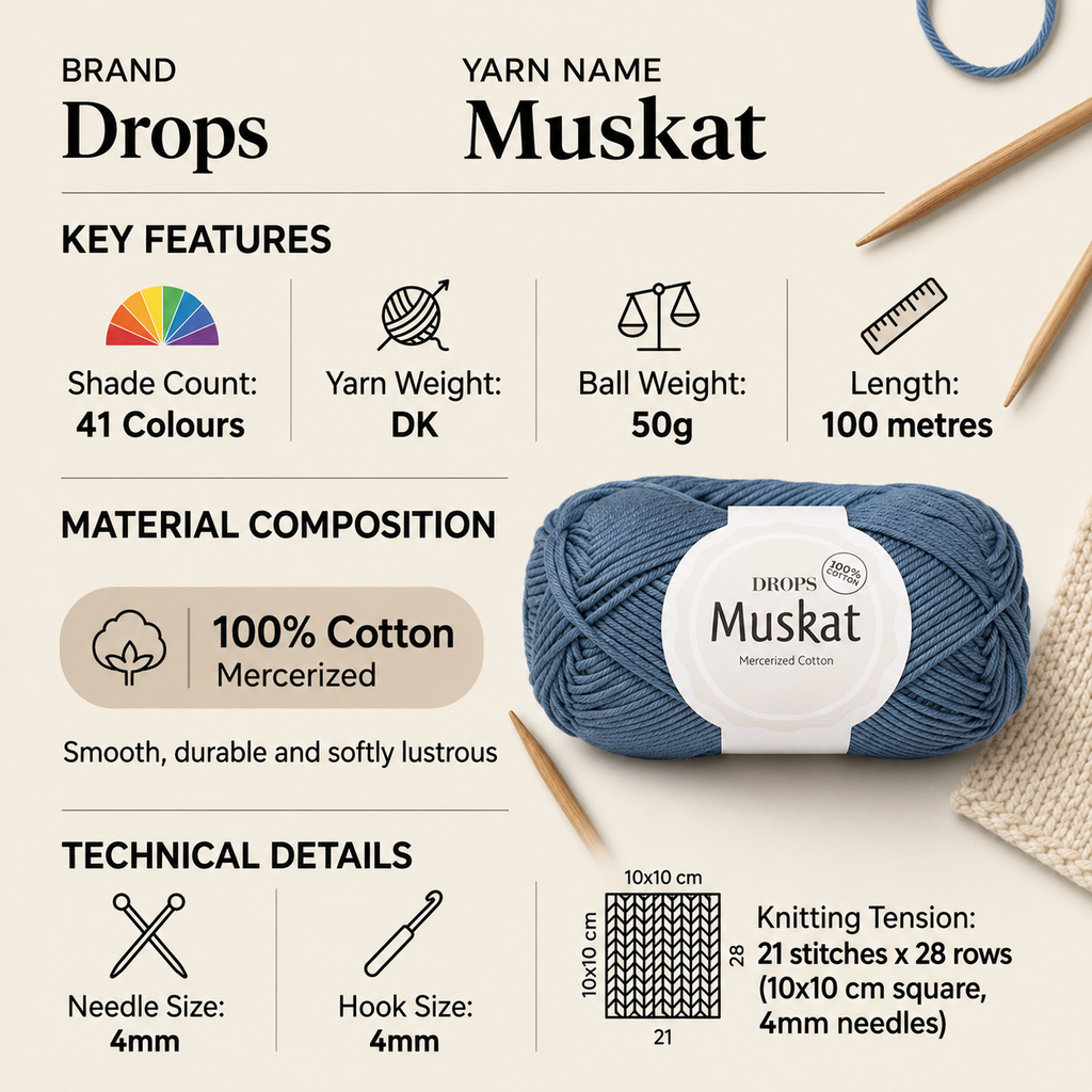 Drops Muskat DK Yarn for Crochet - 50g, Luxury 100% Mercerised Egyptian Cotton Soft Lightweight Double Knitting Wool for Garments, Accessories & Decor
