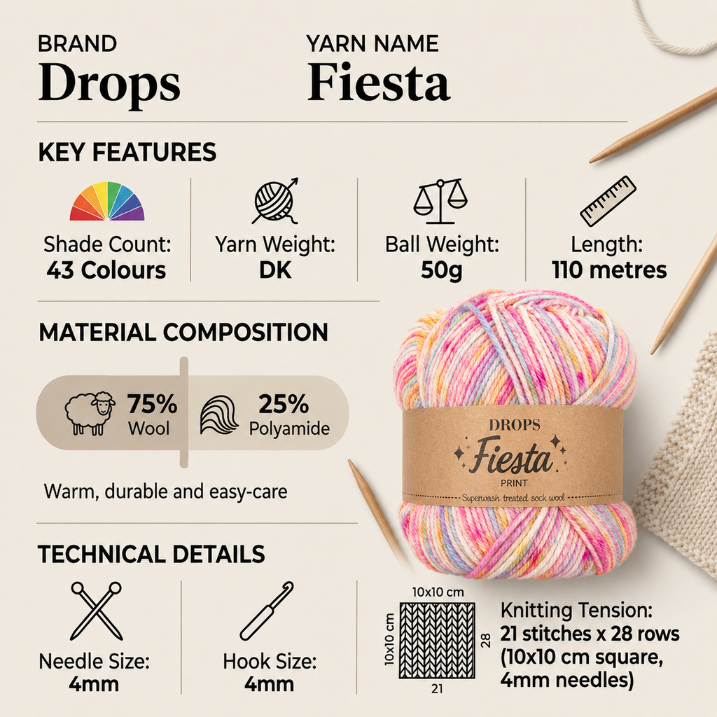 Drops Fiesta DK Crochet Yarn - 50g, Luxury Wool & Polyamide Blend Self Patterning Soft Double Knitting Sock Wool for Socks, Cardigans, Hats & Accessories