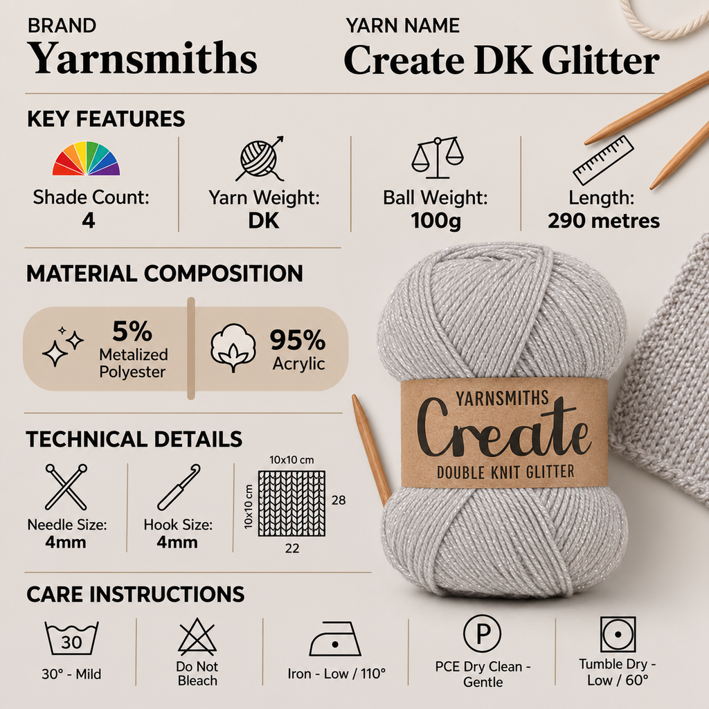 Yarnsmiths Create DK Glitter Yarn - 100g, Acrylic Polyester Blend Sparkle Knitting & Crochet Yarn for Amigurumi & Festive Winter Beanies