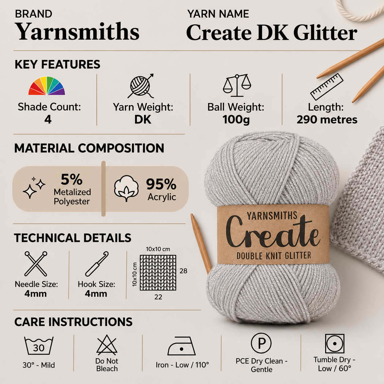 Yarnsmiths Create DK Glitter Yarn - 100g, Acrylic Polyester Blend Sparkle Knitting & Crochet Yarn for Amigurumi & Festive Winter Beanies