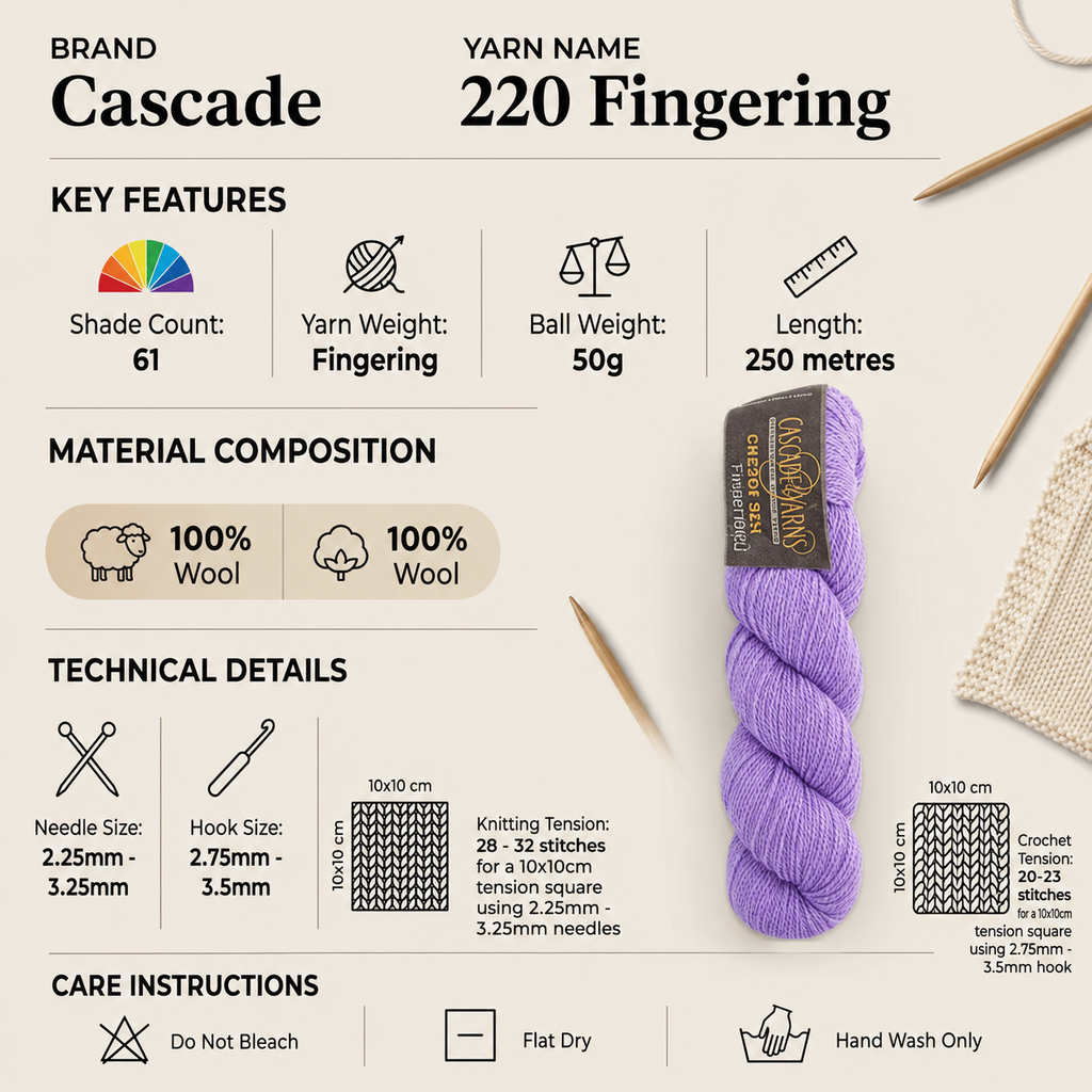 Cascade 220 Fingering 4 Ply Yarn - 50g, Soft 100% Peruvian Highland Wool Crochet & Knitting Wool Yarn for Sweaters, Mittens, Throws & Felting Projects