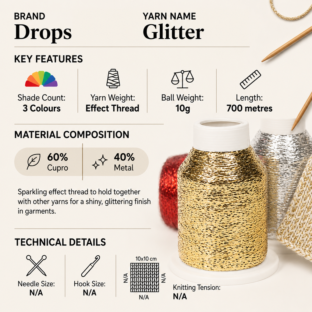Drops Glitter Thread Crochet Yarn - 10g, Cupro & Metal Blend Luxury Sparkling Metallic effect Knitting Thread for Festive Garments & Accessories