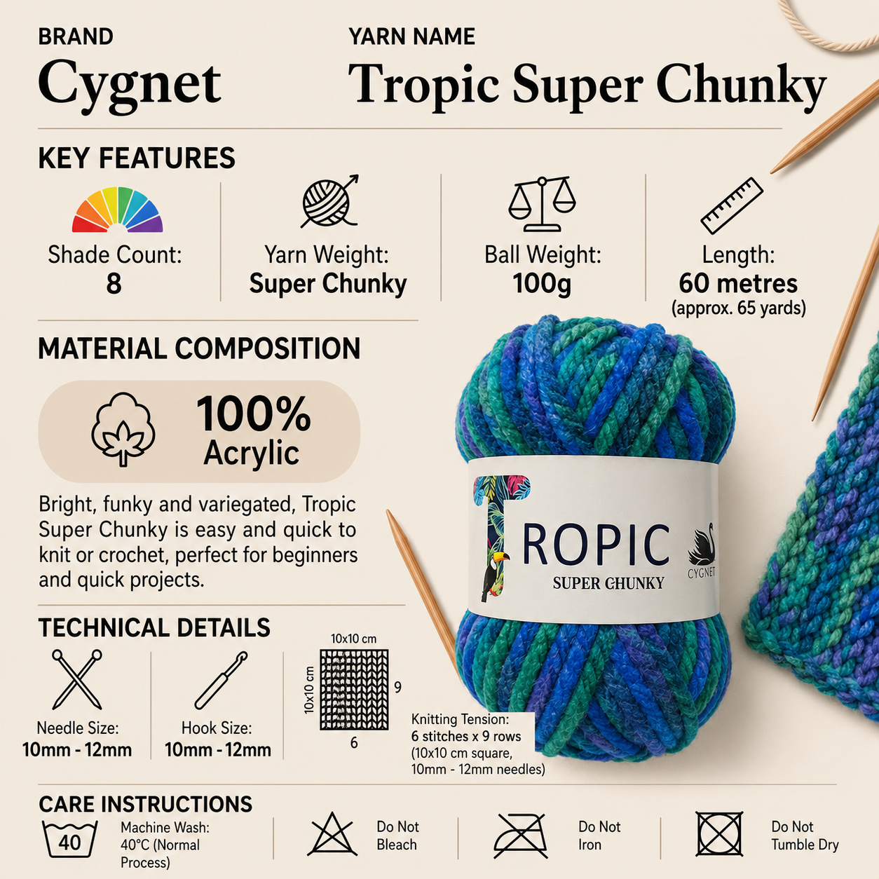 Cygnet Tropic Super Chunky Knitting Yarn - 100g, 100% Acrylic Variegated Crochet Yarn for Blankets, Scarves, Cushions & Home Accessories