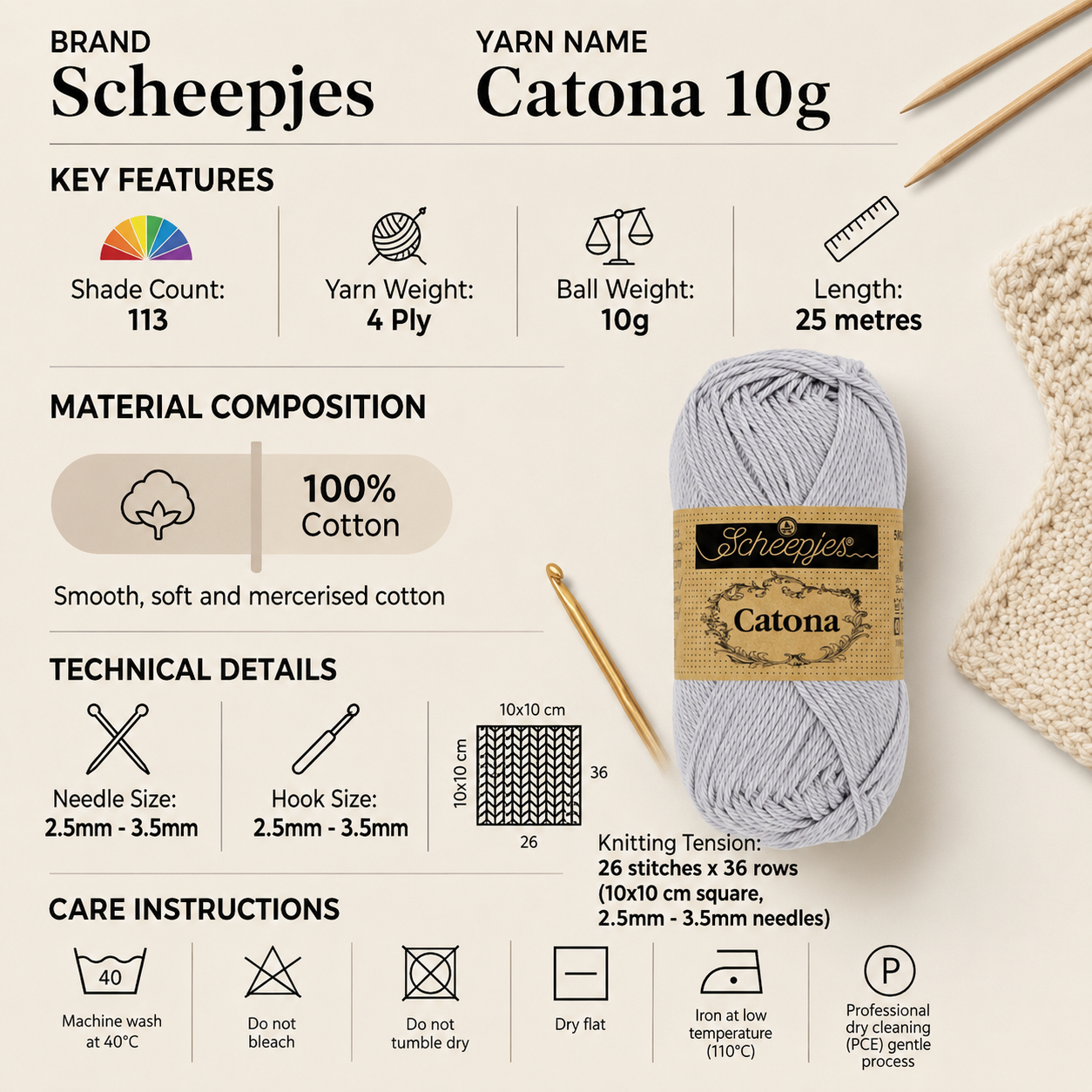 Scheepjes Catona 4 Ply Yarn - 10g, Luxury 100% Mercerised Cotton Soft Fingering Weight Amigurumi Crochet Yarn for Crafts & Toys