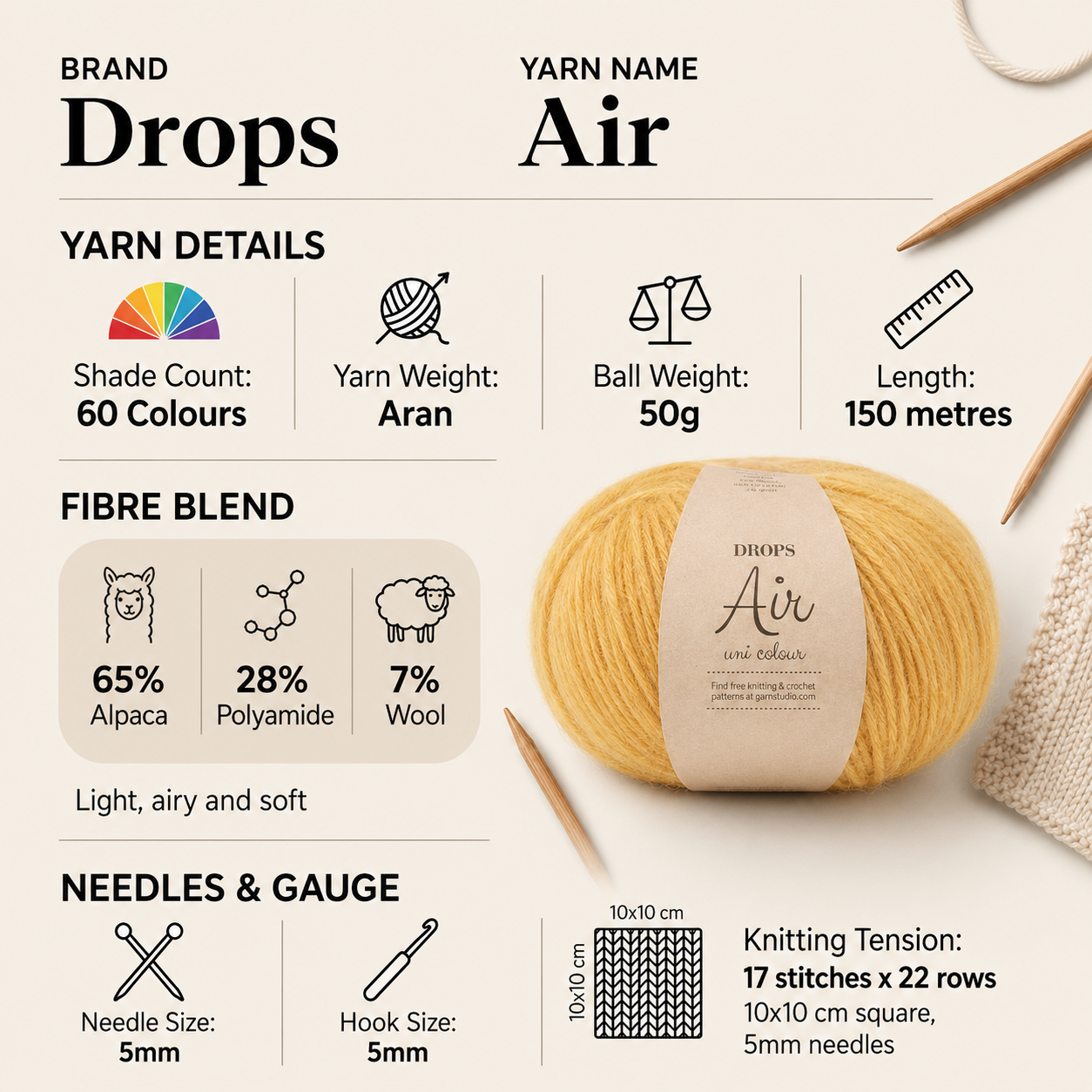 Drops Air Aran Yarn for Crochet - 50g, Luxury Alpaca Polyamide & Wool Blend Lightweight Knitting Wool for Sweaters, Jackets & Cosy Accessories