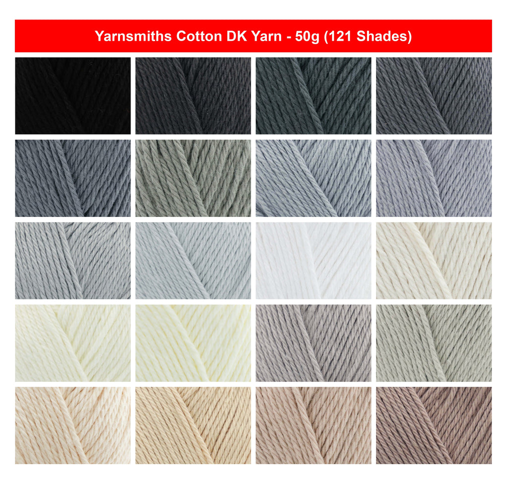 Yarnsmiths Cotton DK Yarn for Crochet - 50g, 100% Cotton Soft Double Knitting Wool with Matte Finish for Toys, Cardigans & Headwear