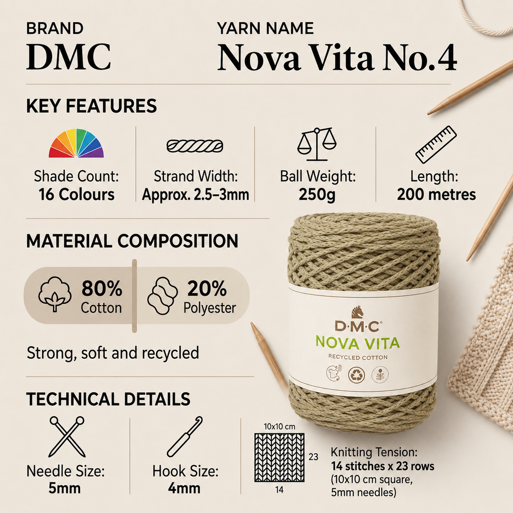 DMC Nova Vita No.4 Aran Yarn - 250g, Polyeste Cotton Blend Eco Friendly Yarn Knitting & Crochet for Home Furnishings, Fashion Accessories & Crafting