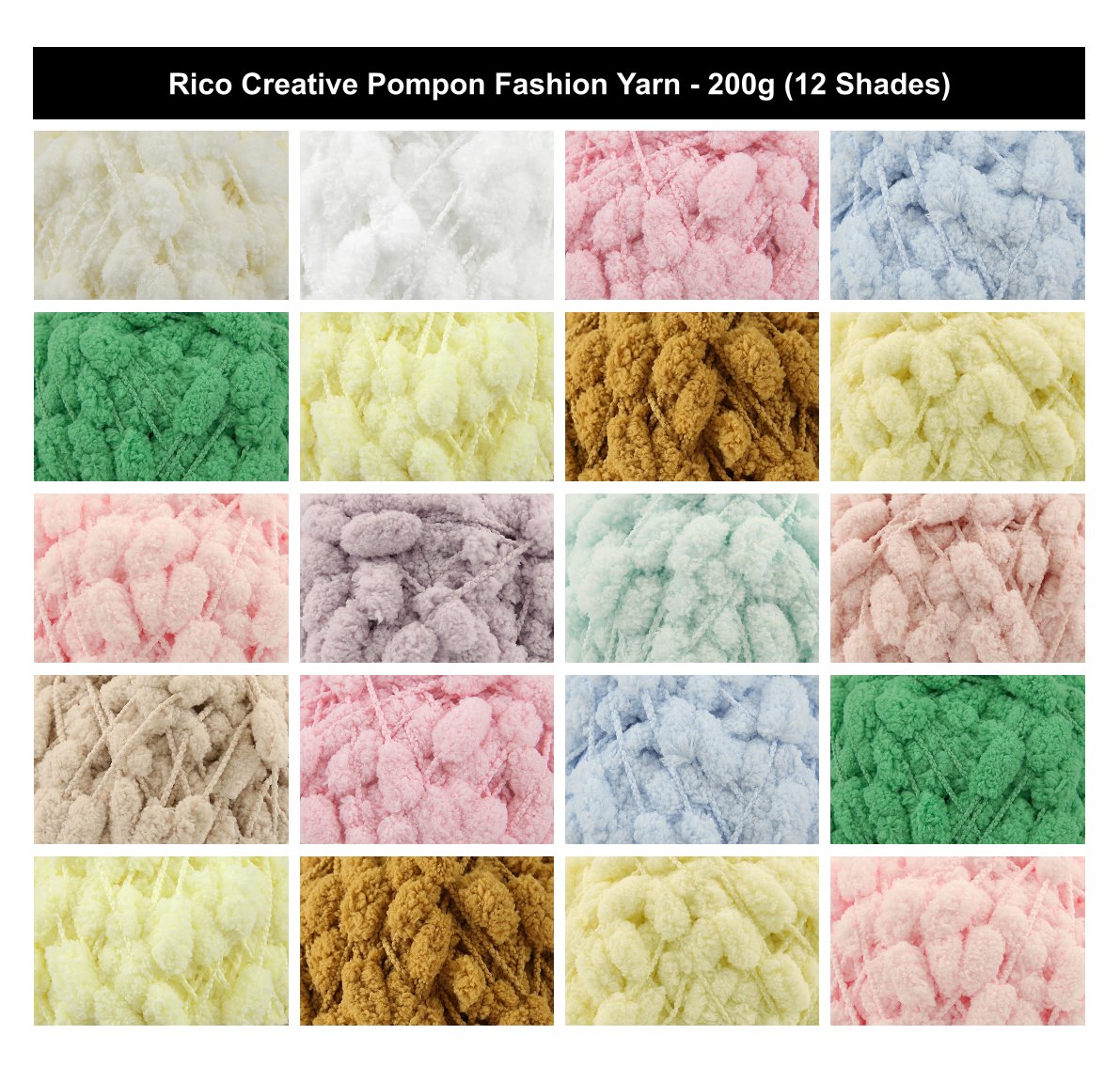 Rico Creative Pompon Fashion Yarn - 200G, Luxury 100% Polyester Solid Colour Chenille Soft Crochet & Knitting Pom Pom Yarn for Baby Blankets, Throws & Cushions
