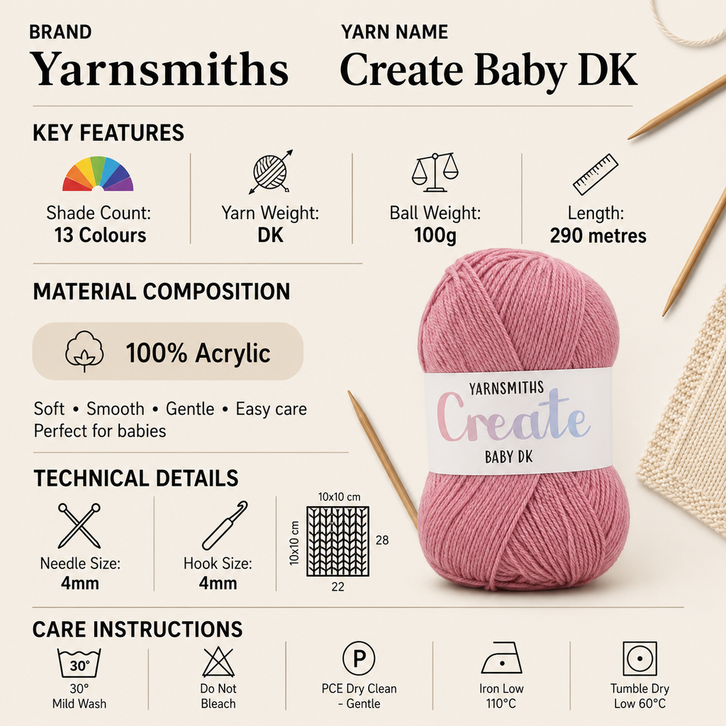 Yarnsmiths Create Baby DK Crochet Yarn - 100g, 100% Acrylic Soft Pastel Shades Double Knitting Wool for Baby Blankets & Garments