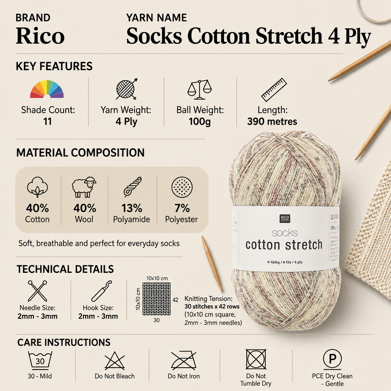 Rico Socks Cotton Stretch 4 Ply Yarn - 100G, Cotton Wool Blend Variegated Self Striping Soft Crochet Yarn Sock Knitting Wool for Luxury Socks, Shawls & Beanies