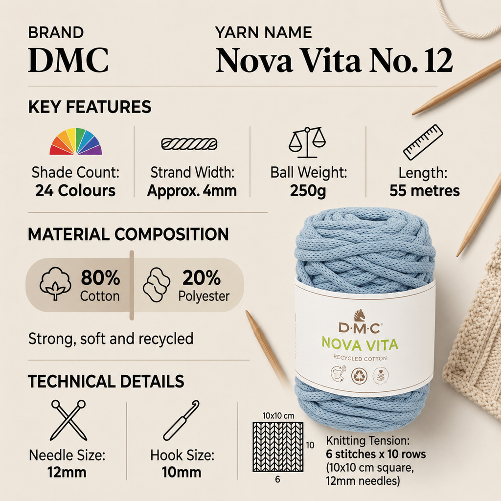 DMC Nova Vita No. 12 Chunky Crochet Cord Yarn - 250g, Polyeste Cotton Blend Macrame Yarn, Eco Friendly Tubular Cord - for Home Décor, Fashion Accessories & Crafting